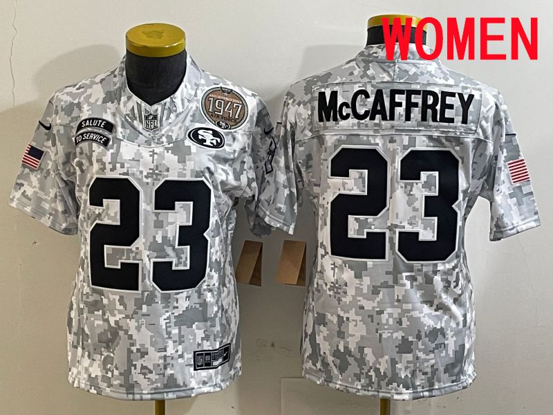 Women San Francisco 49ers 23 Mccaffrey Nike Arctic Camo 2025 Salute to Service Limited NFL Jersey style 2